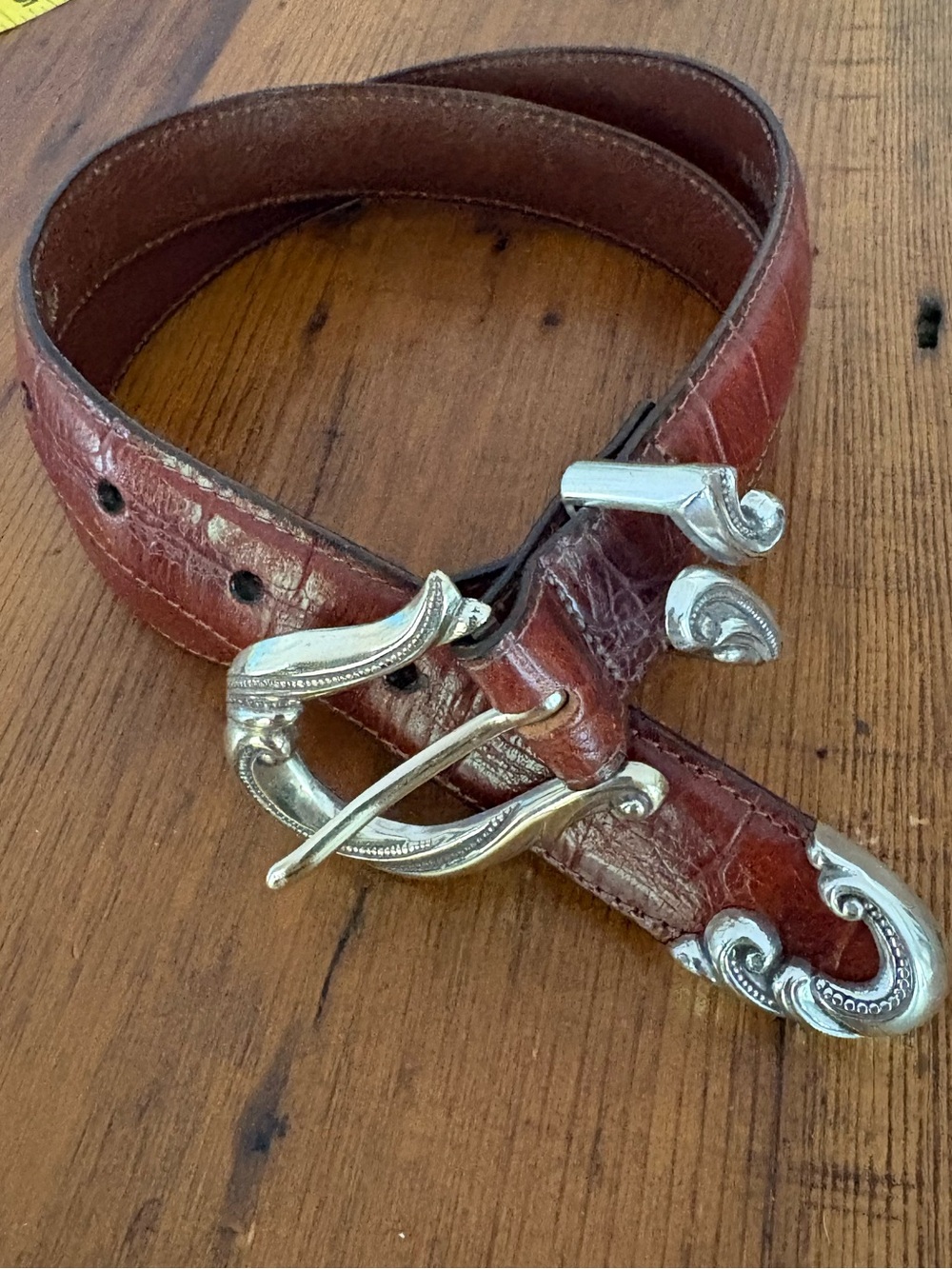 Vintage Brighton "Allegro" Western Belt Brown Croc Embossed Silver Buckle Sz M